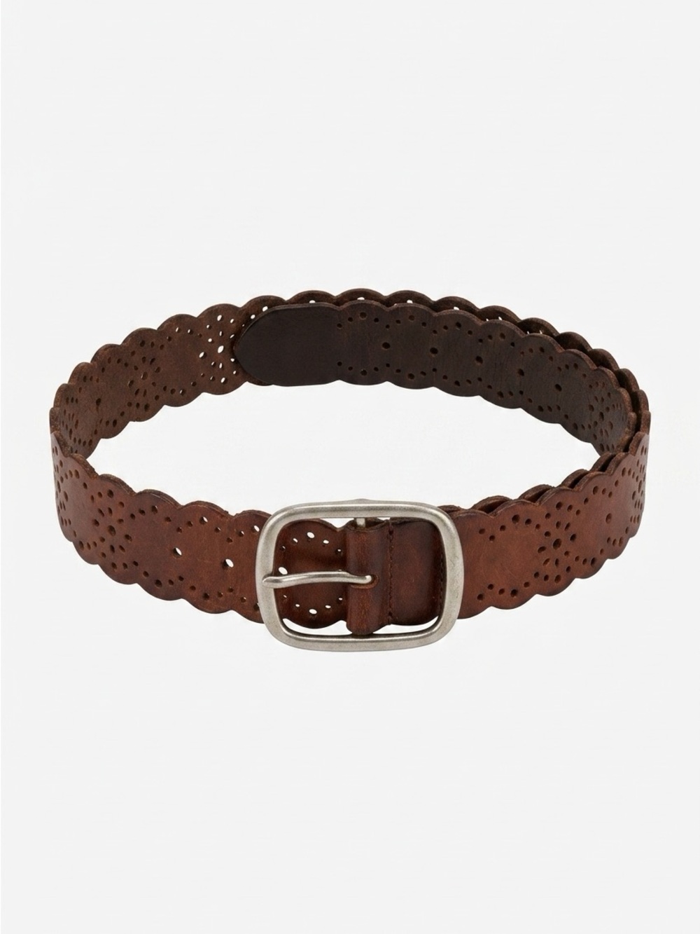 Scalloped Perforated Brown Leather Belt with Silver Buckle